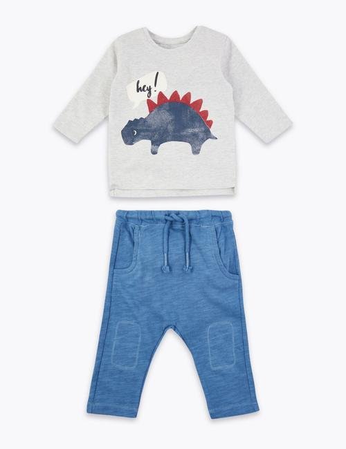 Gri Dinozor Baskılı Sweatshirt ve Pantolon Takımı