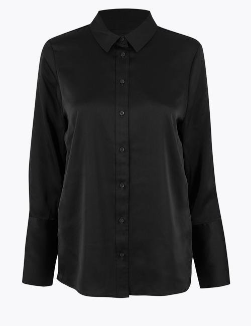 Siyah Saten Uzun Kollu Gömlek