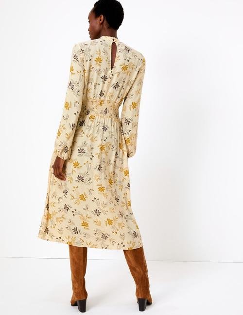 Krem Çiçek Desenli Dik Yakalı Midi Elbise