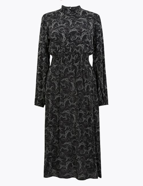 Siyah Desenli Midi Elbise
