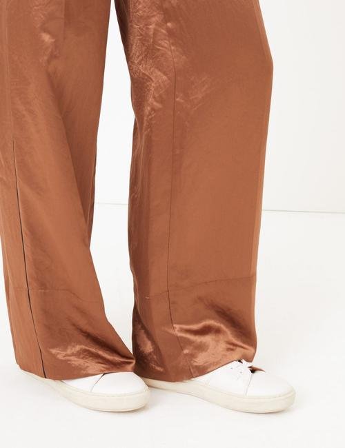 Kahverengi Saten Wide Leg Pantolon