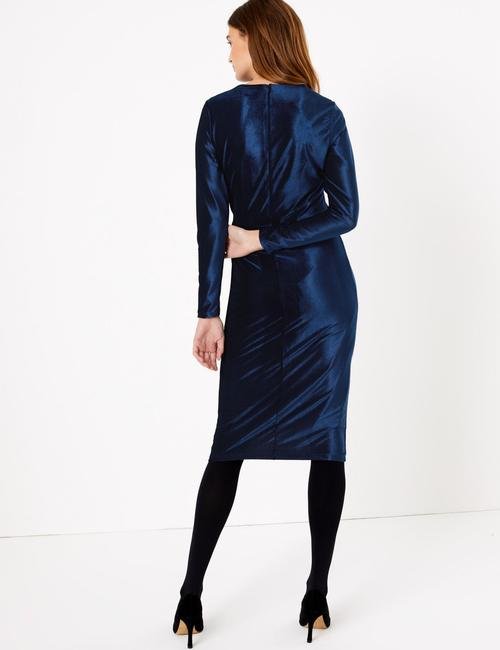 Mavi Kadife Midi Elbise