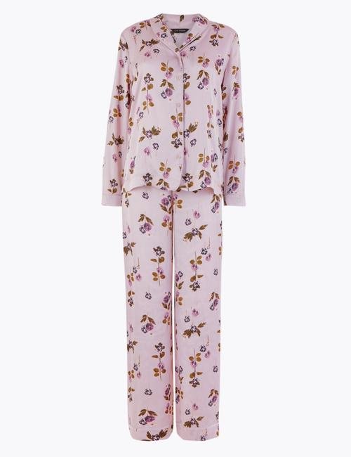 Mor Saten Çiçek Desenli Pijama Takımı