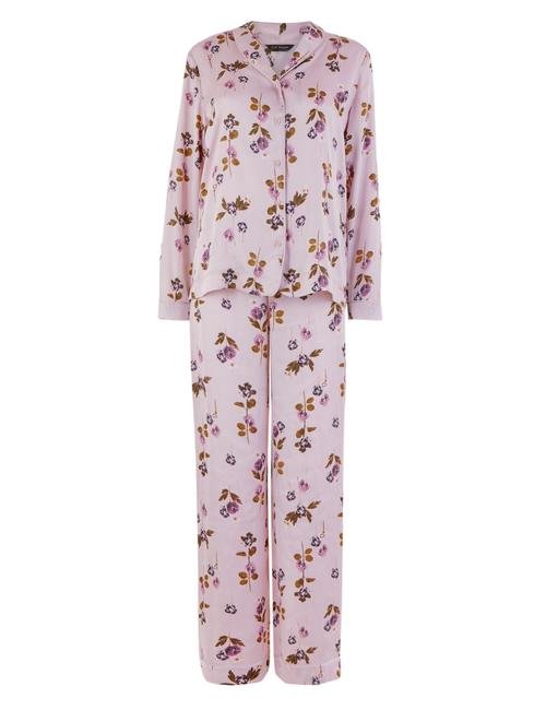 Mor Saten Çiçek Desenli Pijama Takımı