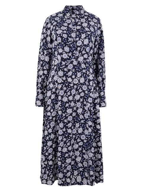 Lacivert Çiçek Desenli Midi Elbise