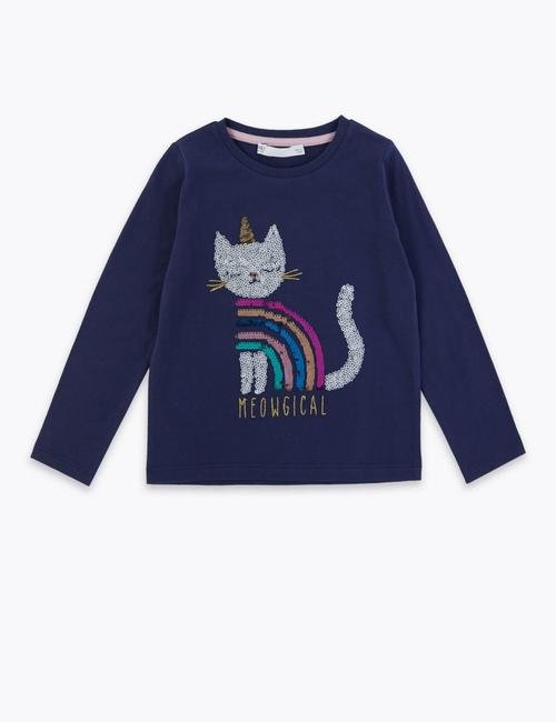 Lacivert Kedi İşlemeli Uzun Kollu T-Shirt