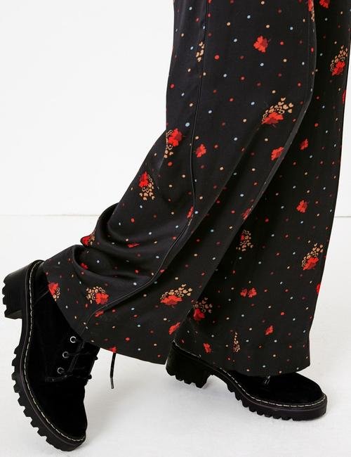 Siyah Çiçek Desenli Saten Wide Leg Pantolon