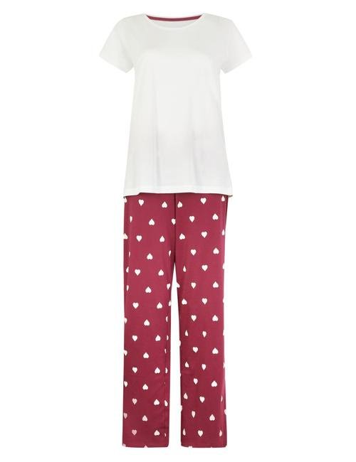 Pembe Saf Pamuklu Kalp Desenli Pijama Takımı