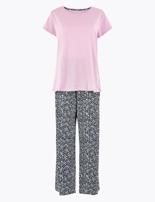 Mor Saf Pamuklu Çiçek Desenli Pijama Takımı