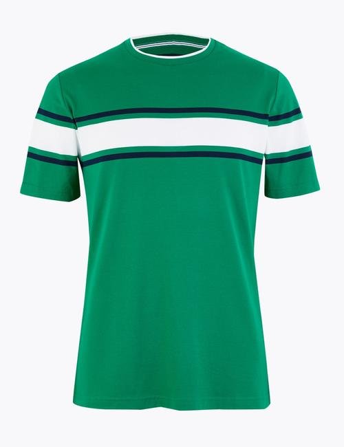 Yeşil Luxury Supima® Çizgili Kısa Kollu T-Shirt