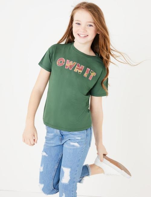 Yeşil Sloganlı Kısa Kollu T-Shirt
