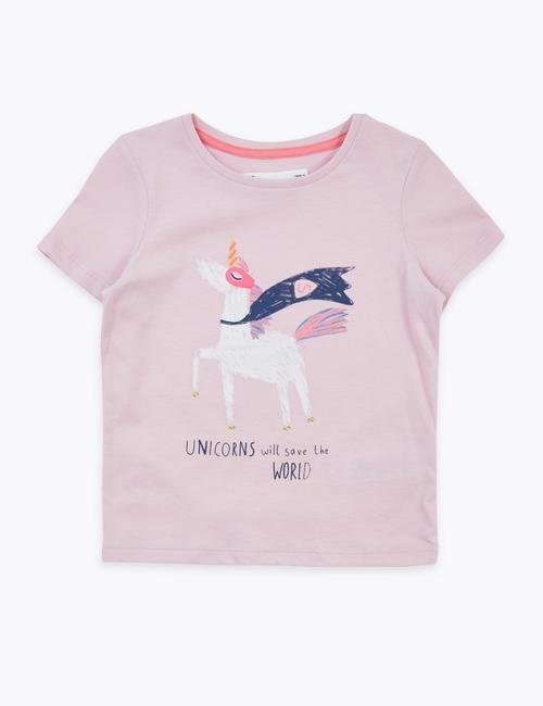 Pembe Unicorn İşlemeli Kısa Kollu T-Shirt