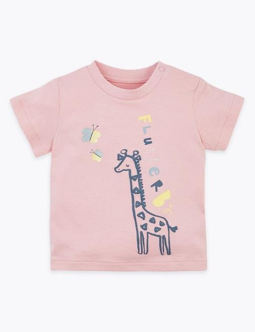 Pembe Zürafa Desenli T-Shirt