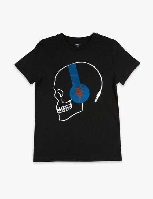 Siyah Kuru Kafa Desenli T-Shirt