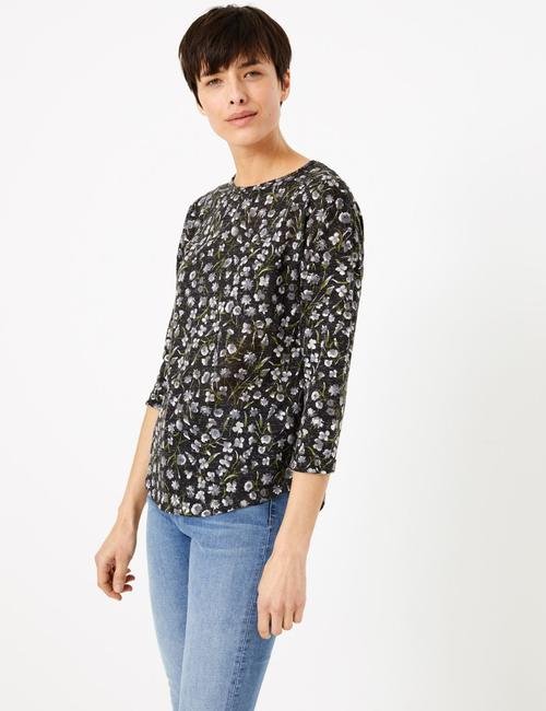Siyah Çiçek Desenli Uzun Kollu T-Shirt