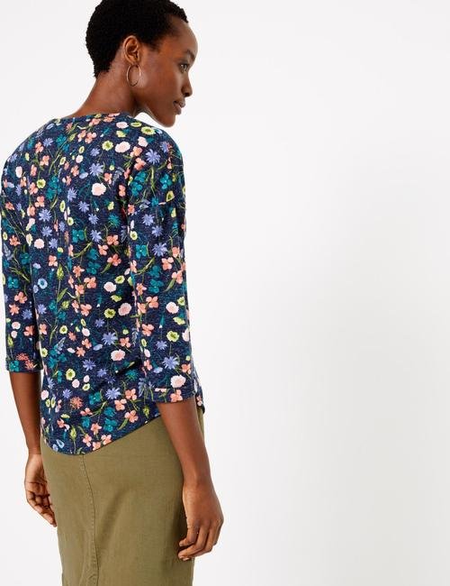 Lacivert Çiçek Desenli Uzun Kollu T-Shirt