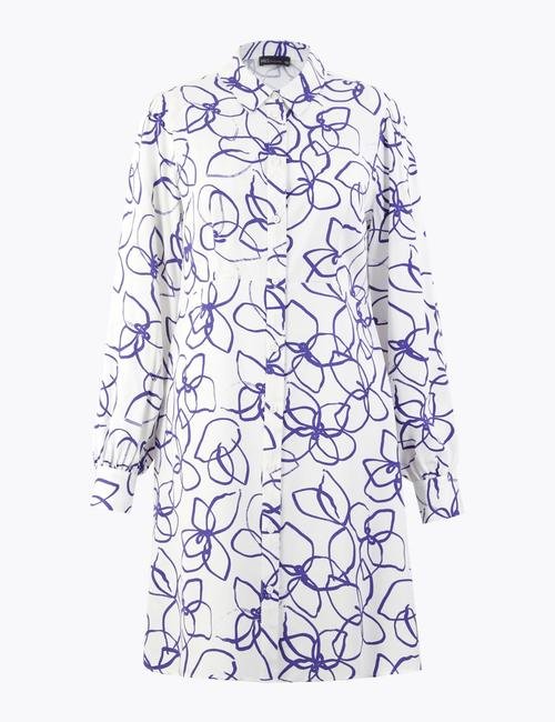 Krem Desenli Mini Gömlek Elbise