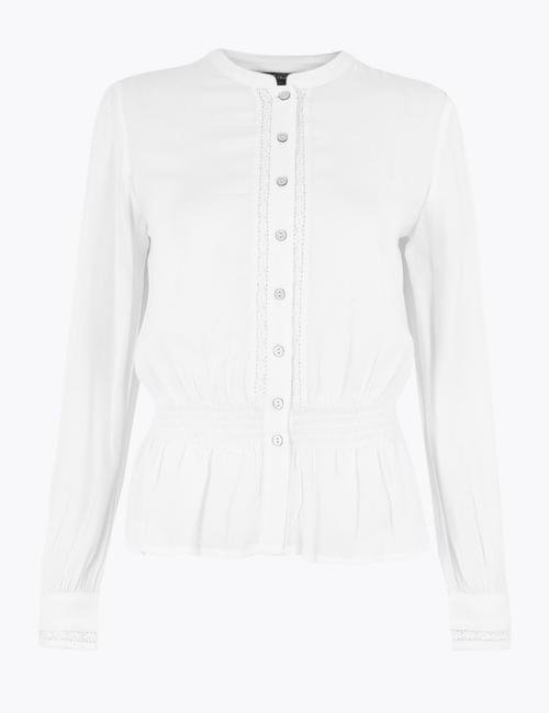 Beyaz Uzun Kollu Waisted Bluz