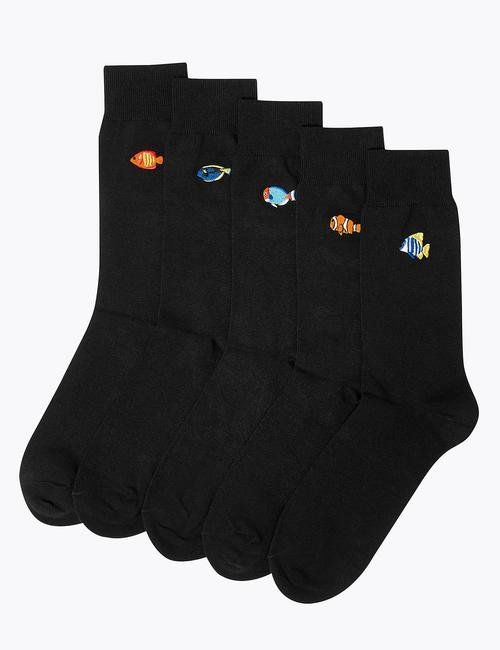 Siyah 5'li Cool & Fresh™ Balık İşlemeli Çorap Seti