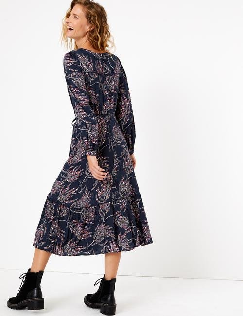 Lacivert Fırfır Detaylı Desenli Midi Elbise