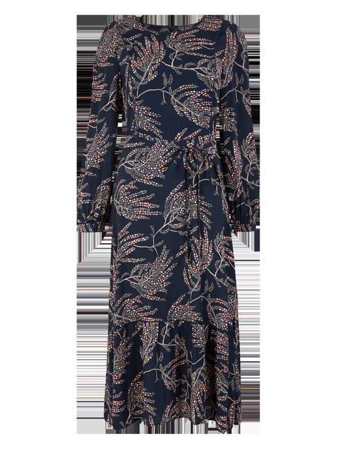 Lacivert Fırfır Detaylı Desenli Midi Elbise