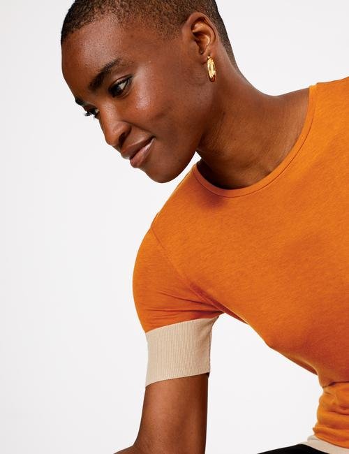 Kahverengi Kısa Kollu Renk Bloklu T-Shirt
