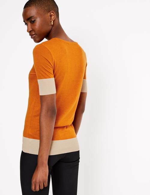 Kahverengi Kısa Kollu Renk Bloklu T-Shirt