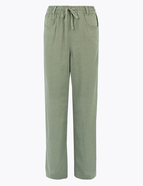 Yeşil Keten Wide Leg Pantolon
