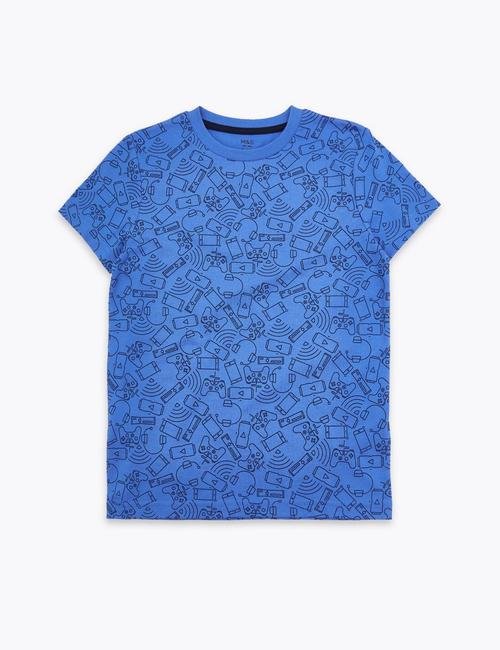 Mavi Desenli Kısa Kollu T-Shirt