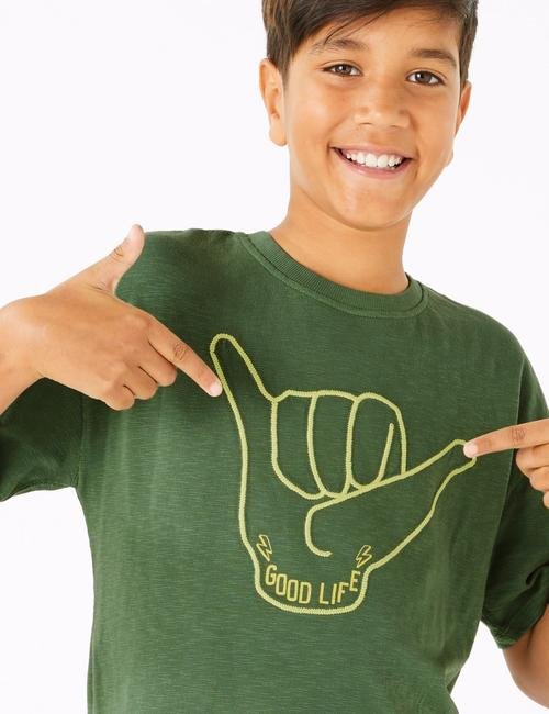 Yeşil Sloganlı Kısa Kollu T-Shirt