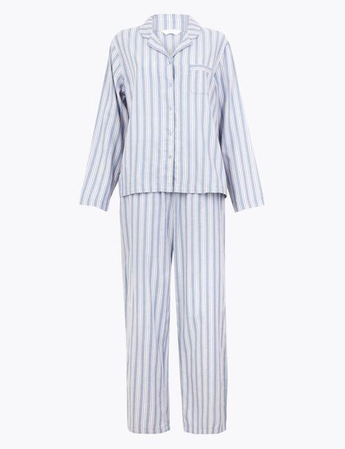 Mavi Saf Pamuklu Çizgili Pijama Takımı