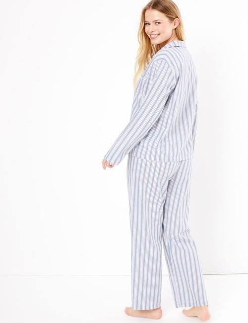 Mavi Saf Pamuklu Çizgili Pijama Takımı