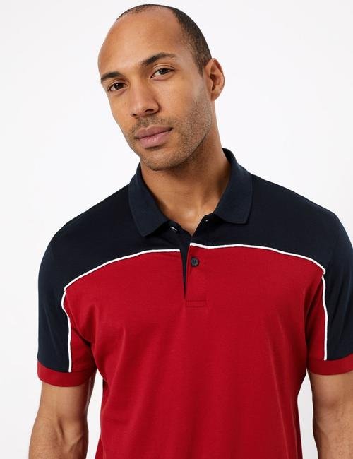 Kırmızı Luxury Supima® Renk Bloklu Polo Yaka T-Shirt