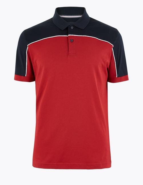 Kırmızı Luxury Supima® Renk Bloklu Polo Yaka T-Shirt