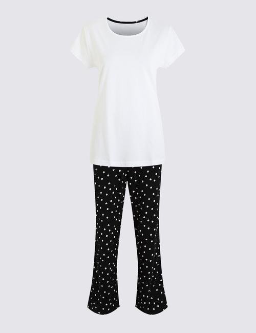 Siyah Kalp Desenli Kısa Kollu Pijama Takımı