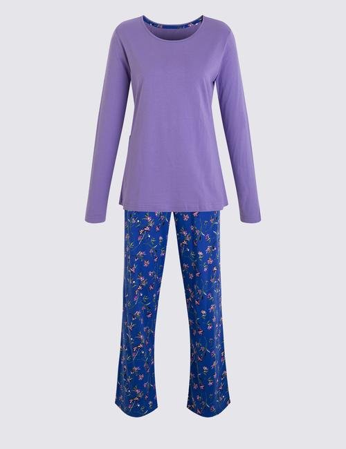 Mavi İşlemeli Uzun Kollu Pijama Takımı