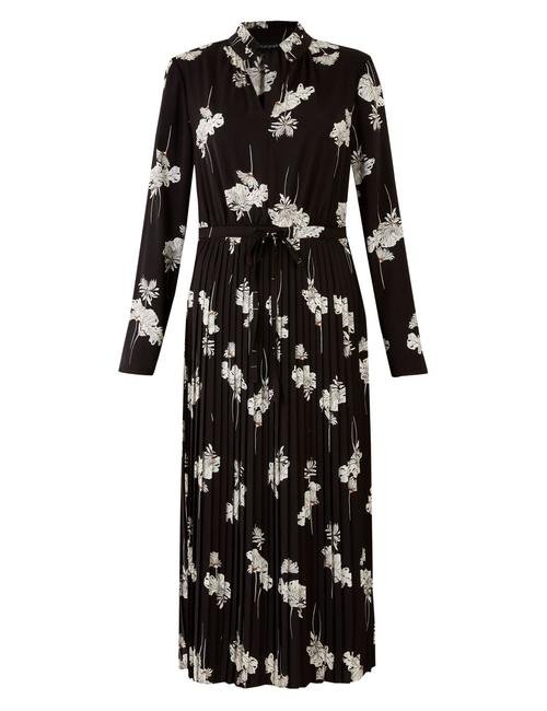 Siyah Çiçek Desenli Waisted Midi Elbise