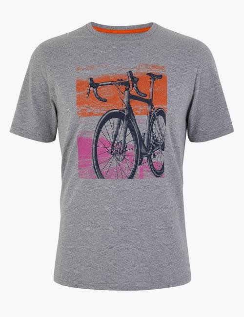 Gri Bisiklet Desenli Kısa Kollu T-Shirt