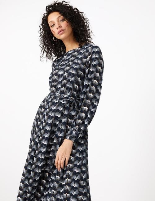 Lacivert Kemer Detaylı Desenli Midi Elbise