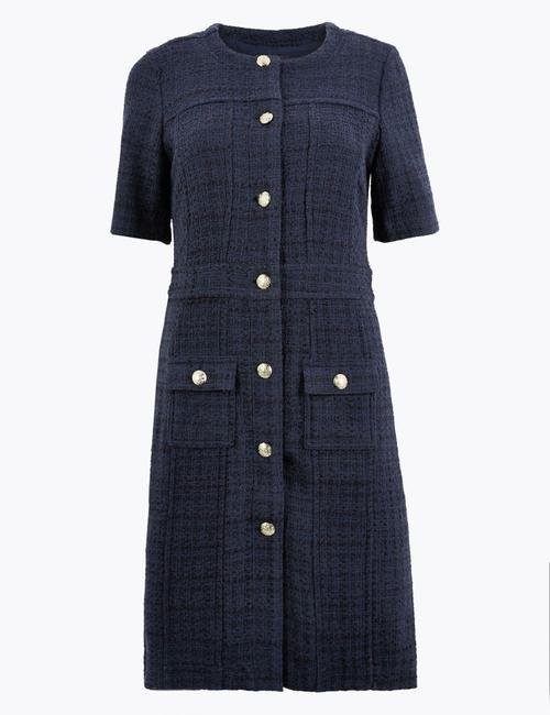 Lacivert Düğme Detaylı Tüvit Elbise