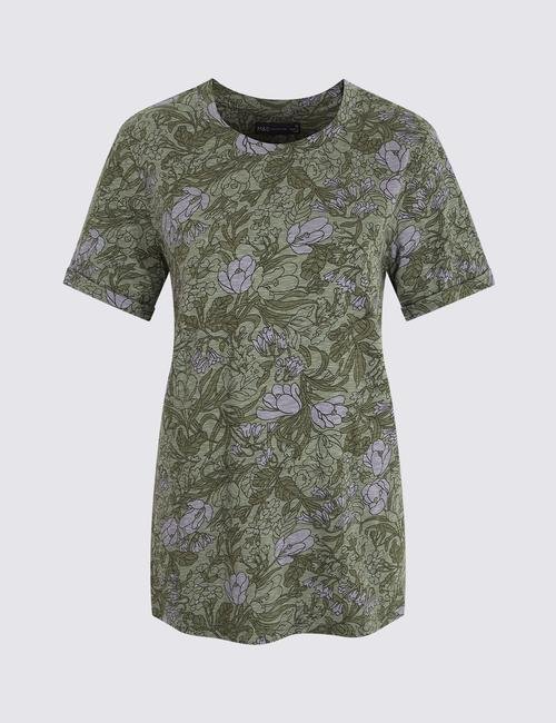 Yeşil Çiçek Desenli Kısa Kollu T-Shirt