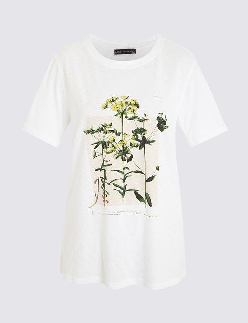 Krem Çiçek Desenli Kısa Kollu T-Shirt