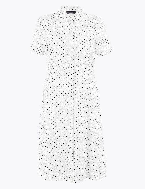 Krem Puantiyeli Mini Gömlek Elbise