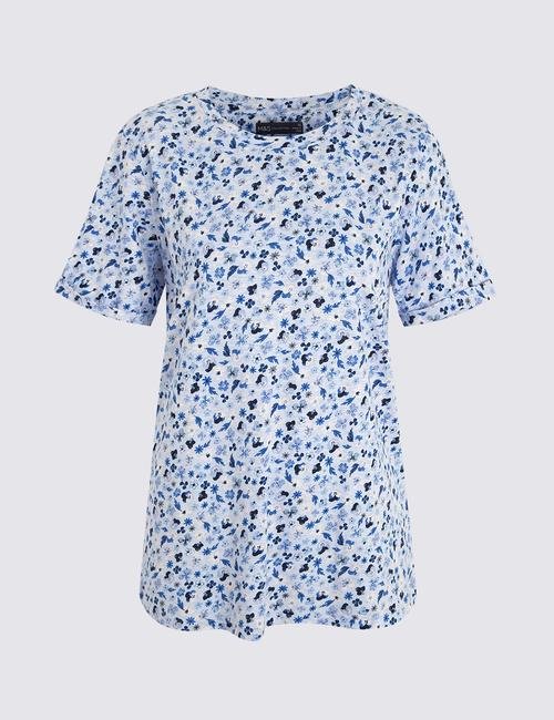 Mavi Çiçek Desenli T-Shirt