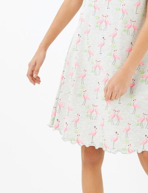 Gri Flamingo Desenli Elbise