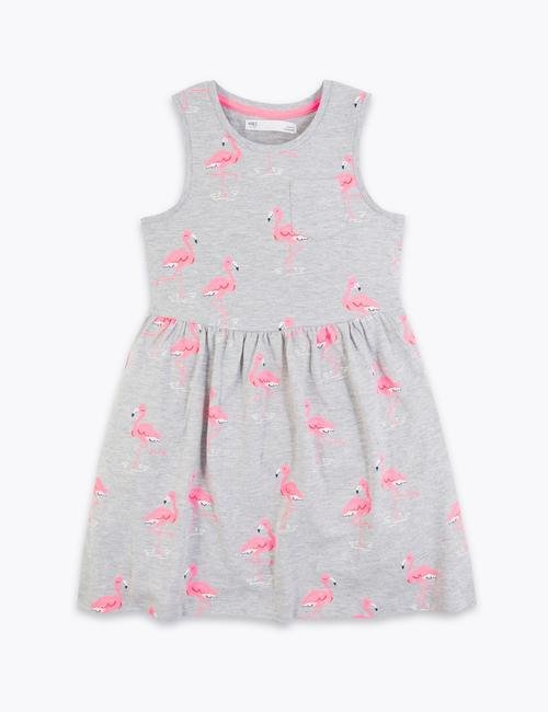 Gri Flamingo Desenli Elbise