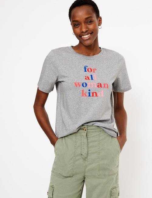 Gri Sloganlı Straight Fit T-Shirt