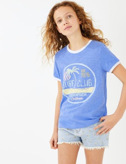Mavi Sloganlı Kısa Kollu T-Shirt