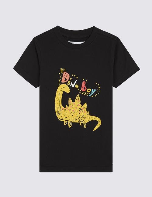 Siyah Dinozor Desenli Kısa Kol T-Shirt
