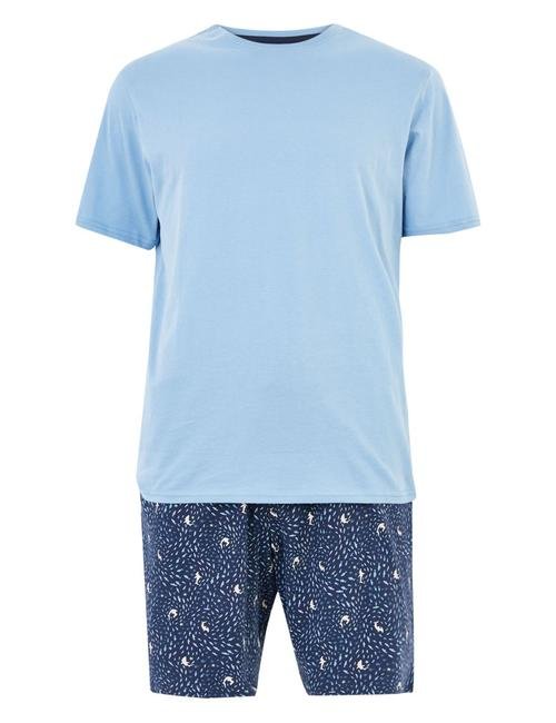 Mavi Saf Pamuklu Desenli Pijama Takımı